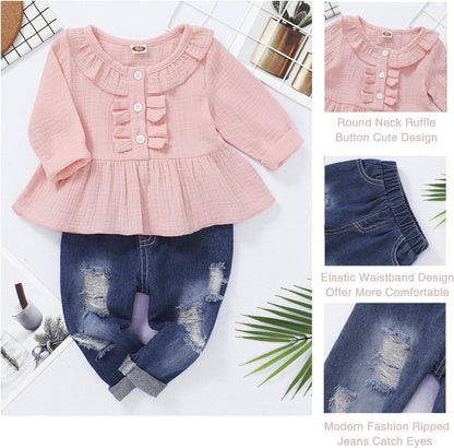 Little Girl Kid Outfit Toddler Jeans Ruffle Long Sleeve Shirt Tops + Floral Denim Jean Long Pant 2 Piece Fall Winter Clothes Sets(Yellow, 3-4T)